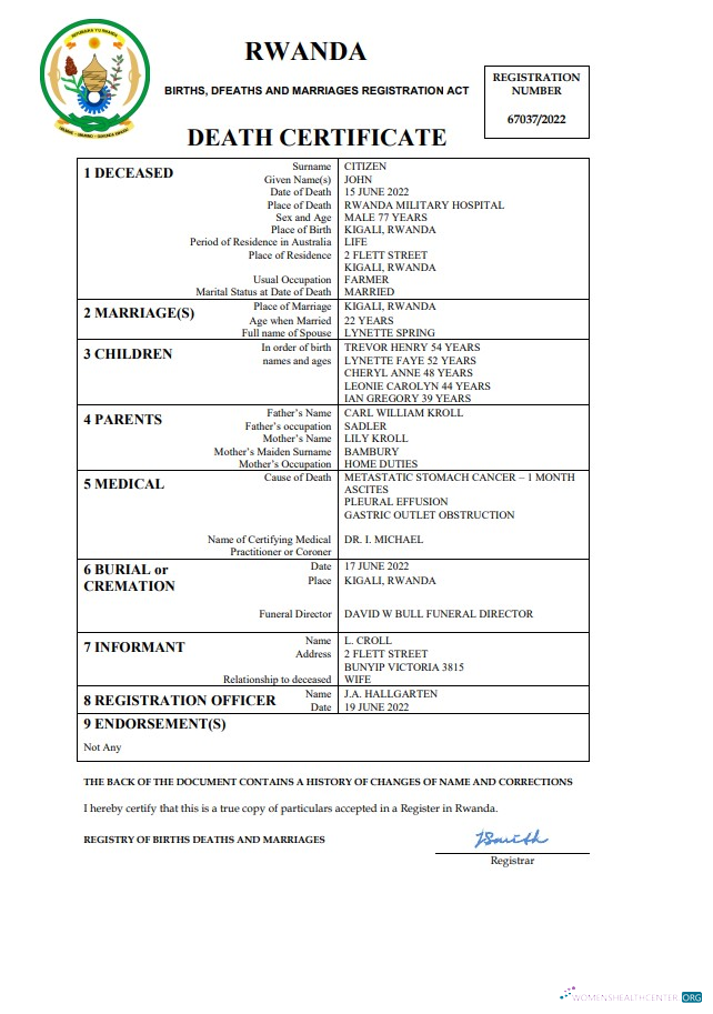 Download Rwanda vital record death certificate Word and PDF template Photoshop template